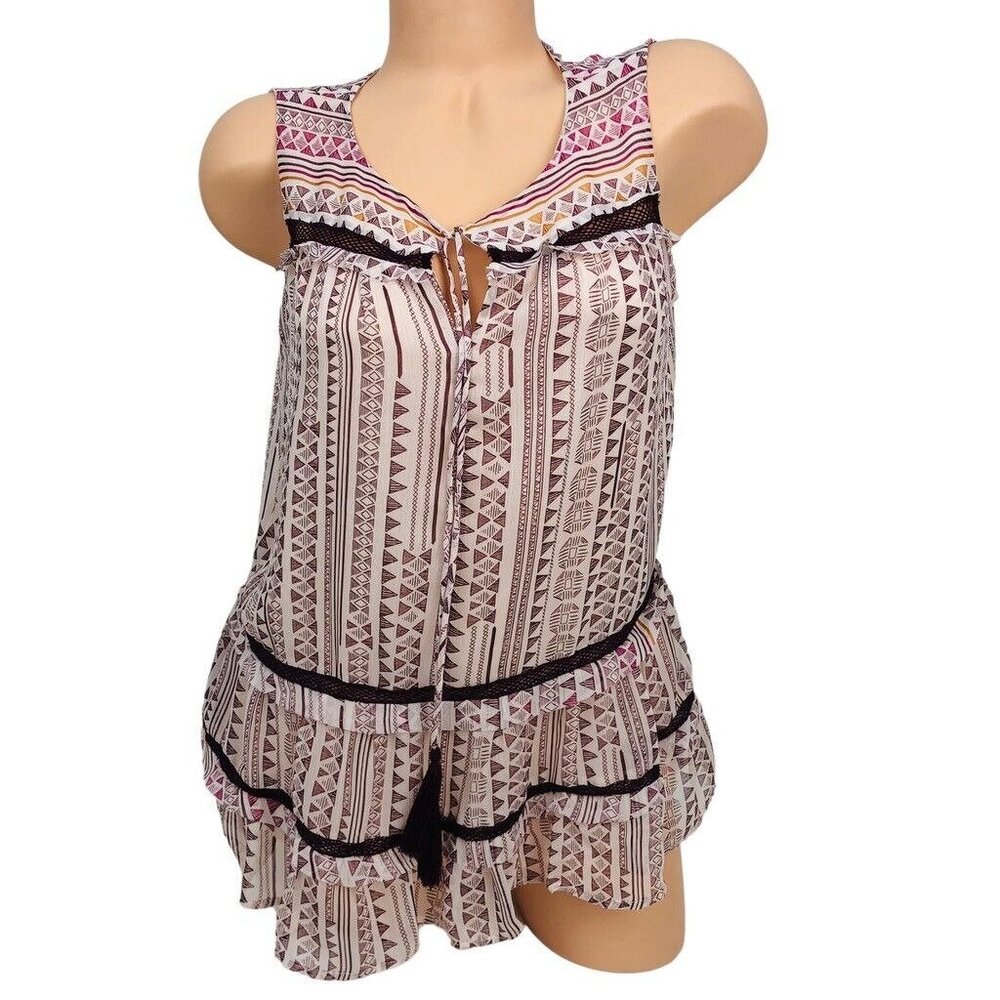 Fever Geometric Print Ruffle Tie Neck Tank Top Blouse Boho Cottagecore Western S